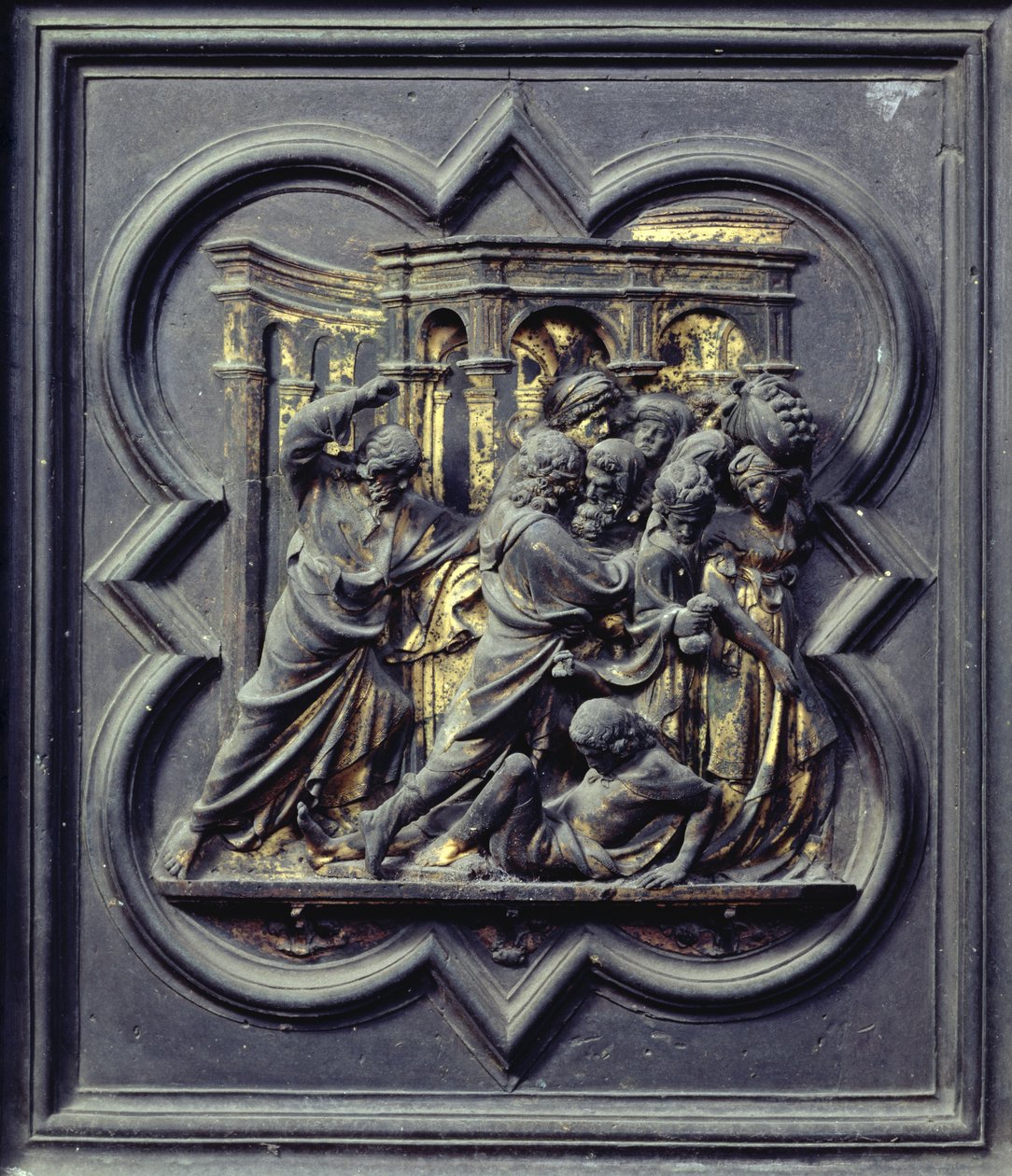 Kristus jagar köpmännen från templet, sjunde panelen i den norra dörren i San Giovannis dopkapell, 1403-24 (brons) av Lorenzo Ghiberti