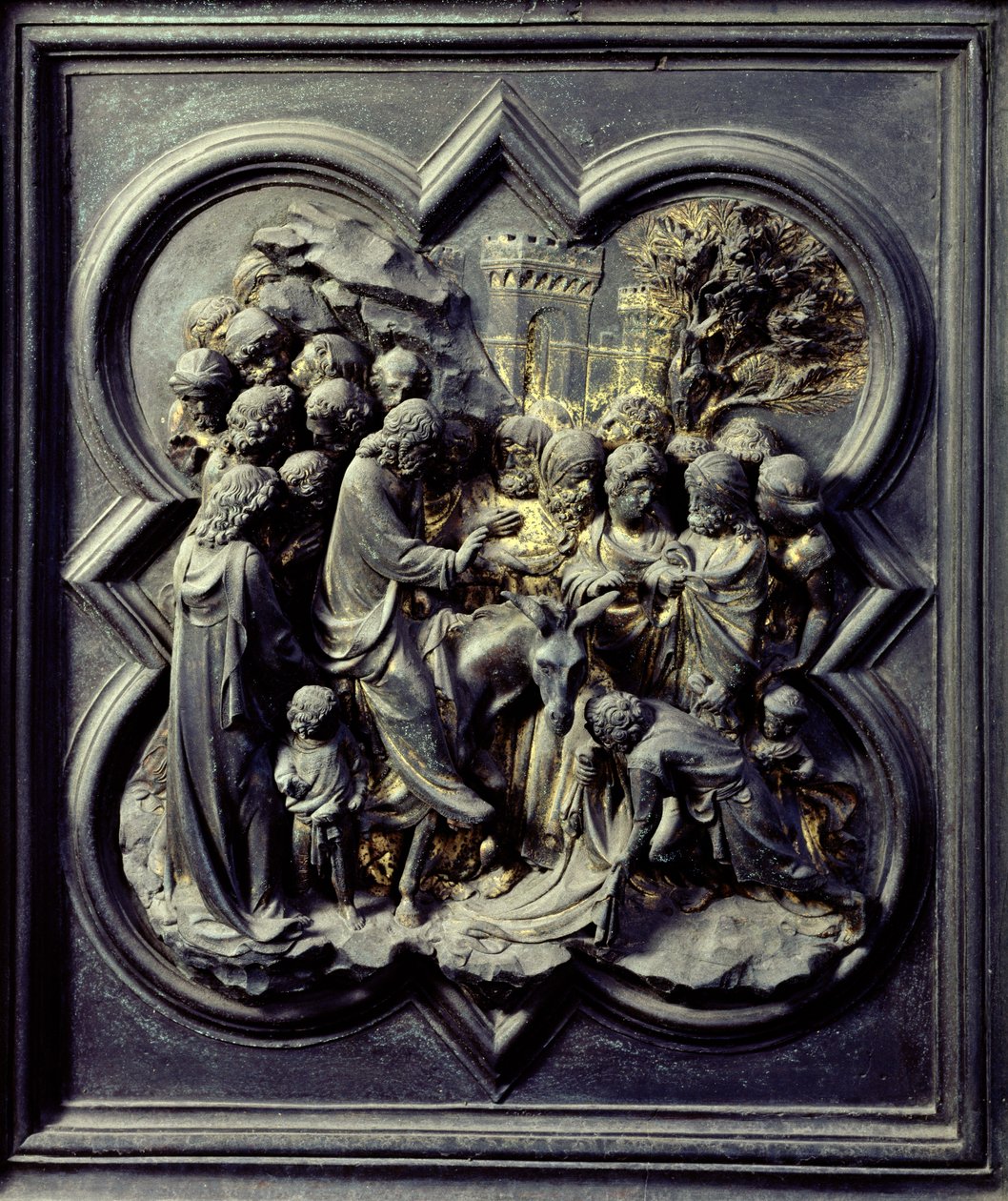 Jesu intåg i Jerusalem, elfte panelen i de norra dörrarna i San Giovannis dopkapell, 1403-24 (brons) av Lorenzo Ghiberti