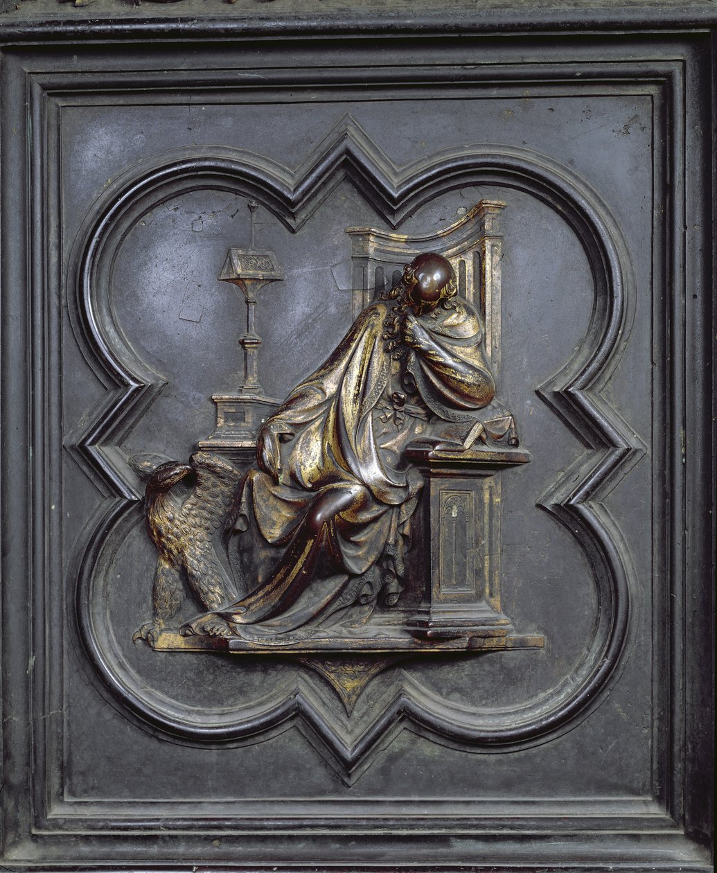 St John the Evangelist, panel A i norddörrarna till dopkapellet San Giovanni, 1403-24 (brons) av Lorenzo Ghiberti