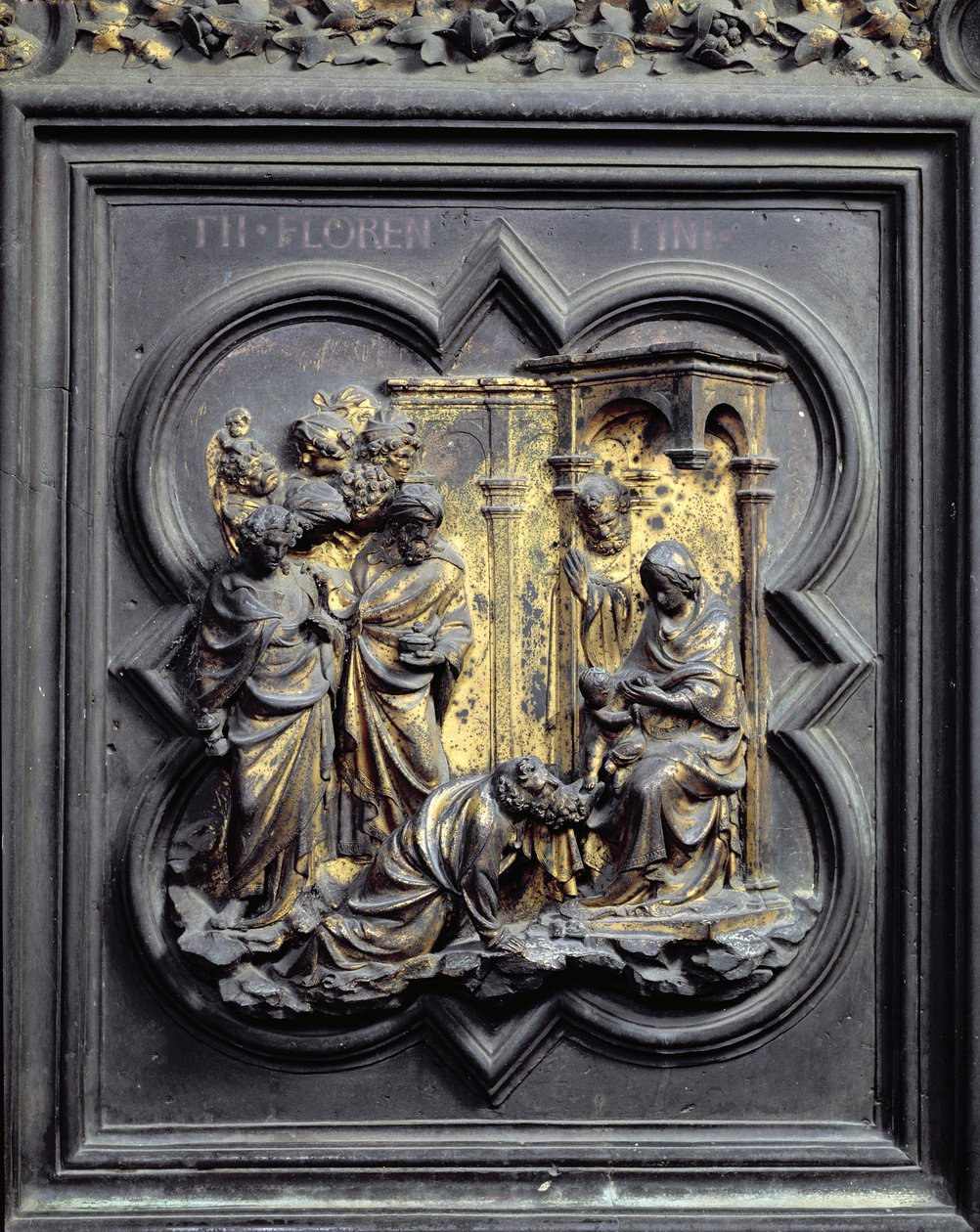 The Adoration of the Magi, tredje panelen av North Doors of the Baptistery of San Giovanni, 1403-24 (brons) av Lorenzo Ghiberti