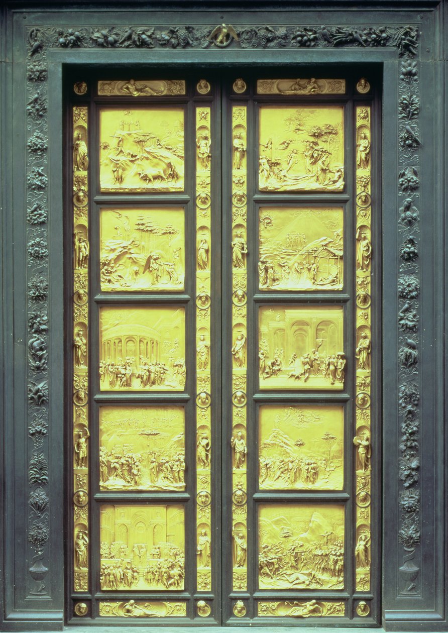 Paradisets portar (östra dörrarna) med 10 reliefpaneler som föreställer scener ur Gamla testamentet 1425-52 (förgylld brons). av Lorenzo Ghiberti