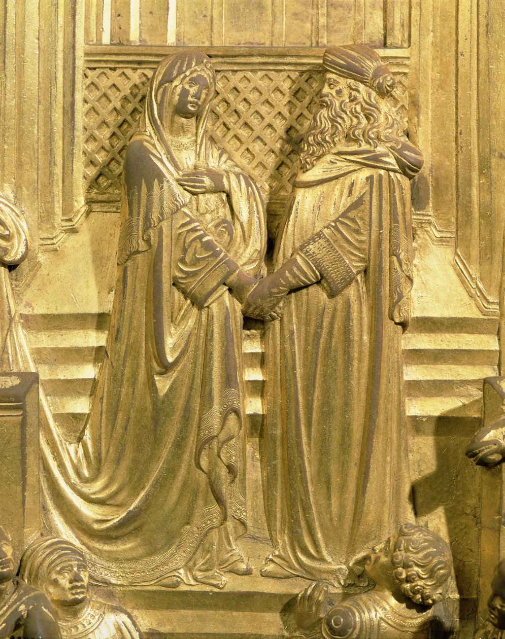 Mötet mellan kung Salomo och drottningen av Saba, detalj från den ursprungliga panelen från Baptisteriets östra dörrar, 1425-52 (förgylld brons) (efter restaurering) av Lorenzo Ghiberti
