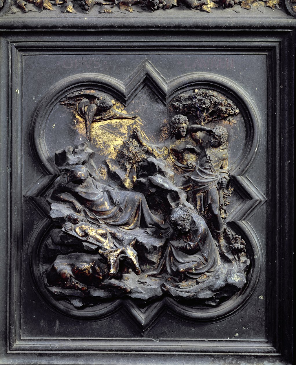 Födelsen, den andra panelen i den norra dörren i San Giovannis dopkapell, 1403-24 (brons) av Lorenzo Ghiberti