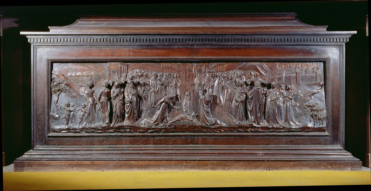 Sankt Zenobius helgedom som visar en lång panel som visar Strozzipojkens mirakel. c.1432-42 (brons) av Lorenzo Ghiberti