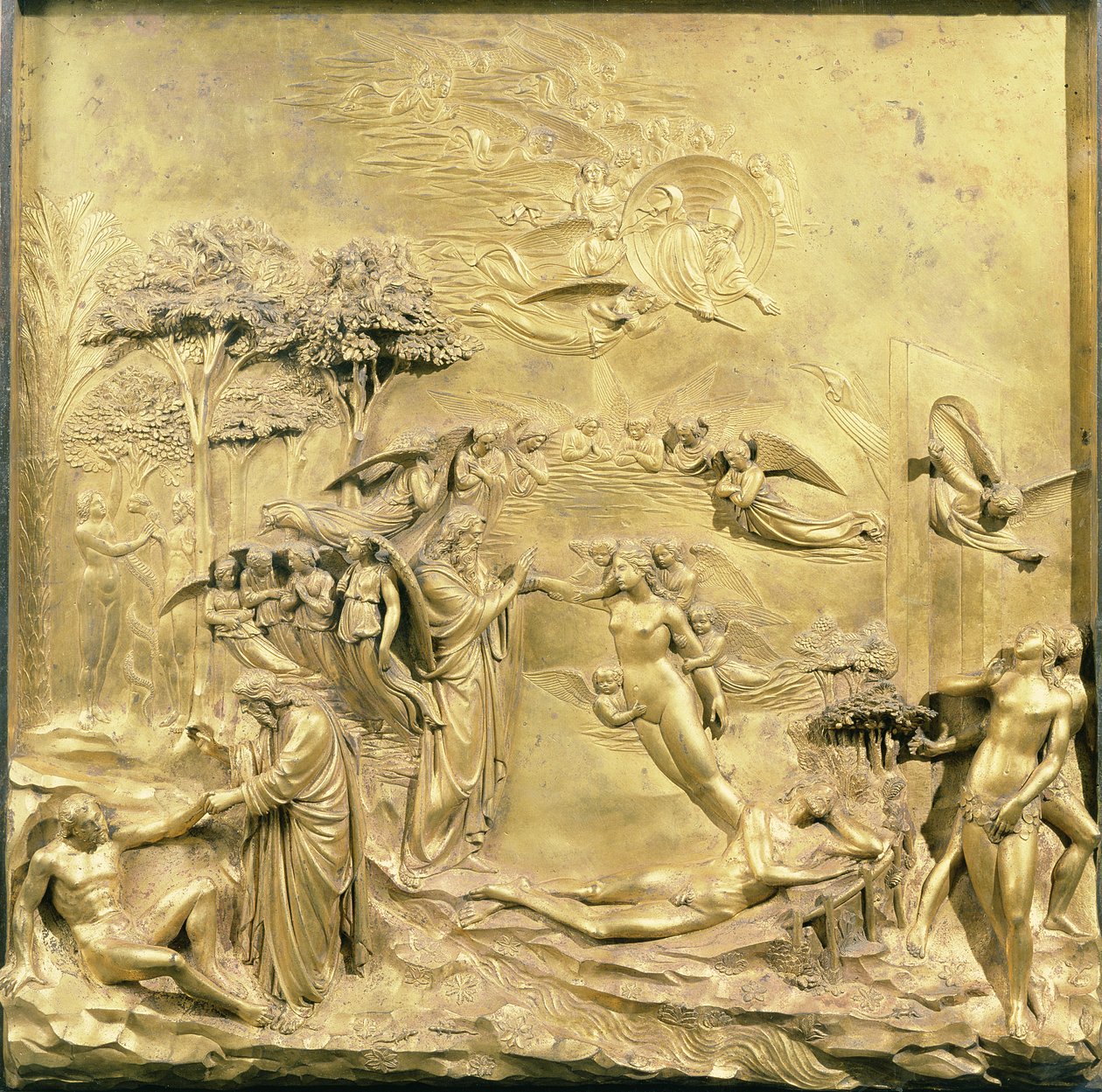 The Story of Adam, en av originalpanelerna från Baptisteriets östra dörrar, 1425-52 (förgylld brons) (efter restaurering) av Lorenzo Ghiberti