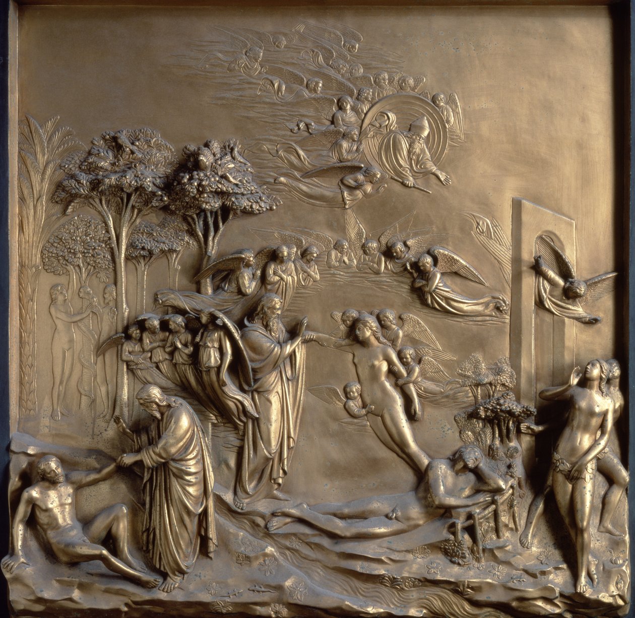 Berättelsen om Adam: Adams och Evas skapelse, frestelsen och fördrivningen från trädgården, en av tio reliefpaneler från Paradisets portar (östra dörrar) av Lorenzo Ghiberti (1378-1455) 1425 av Lorenzo Ghiberti