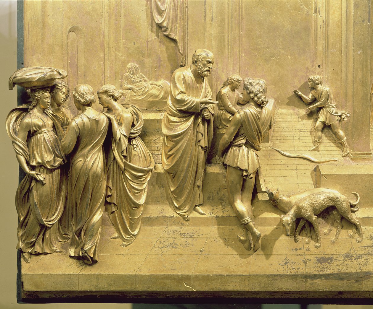 Berättelsen om Jakob och Esau, detalj från den ursprungliga panelen från dopkapellets östra dörrar, 1425-52 (förgylld brons) (efter restaurering) av Lorenzo Ghiberti