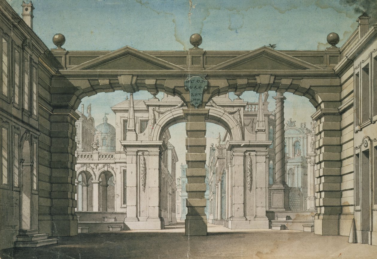 Scenografi för världspremiären av "Idomeneo", av Wolfgang Amadeus Mozart i München, 1781 (penna och tvätt) av Lorenzo I Quaglio