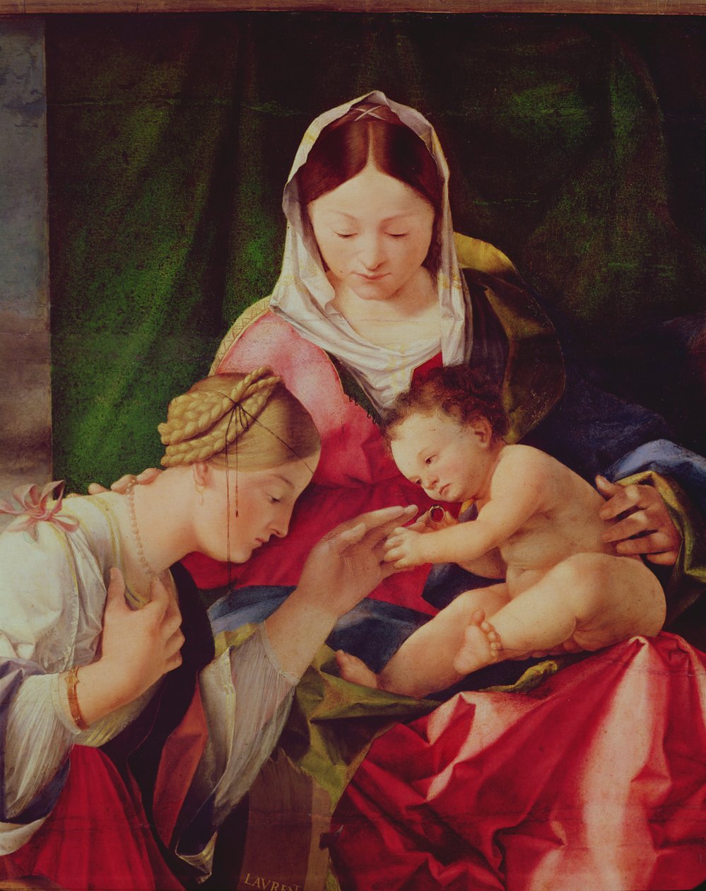Detalj av The Mystic Marriage of Saint Catherine olja på panel av Lorenzo Lotto