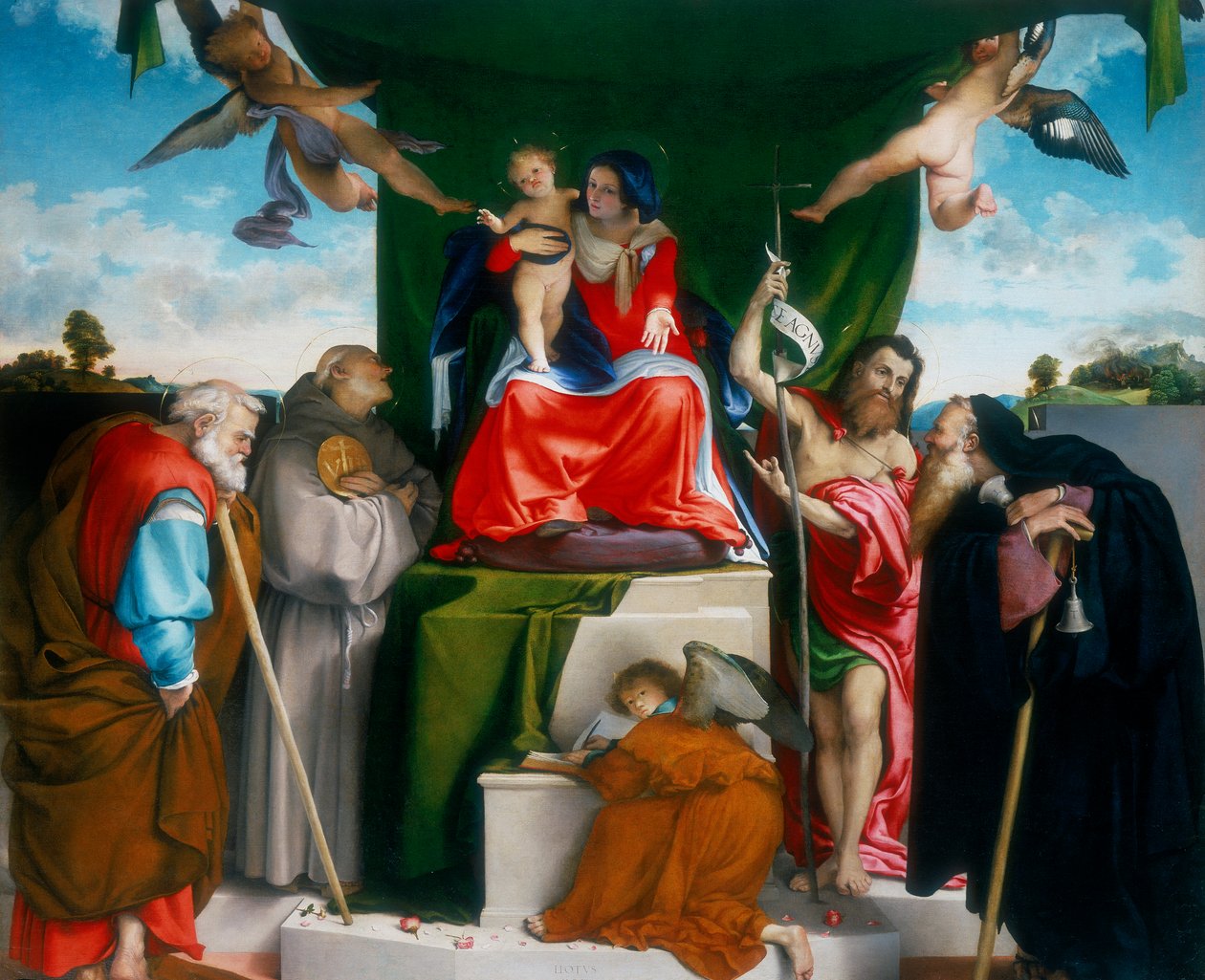 Madonna och barn tronade med änglar och helgon, 1521 av Lorenzo Lotto