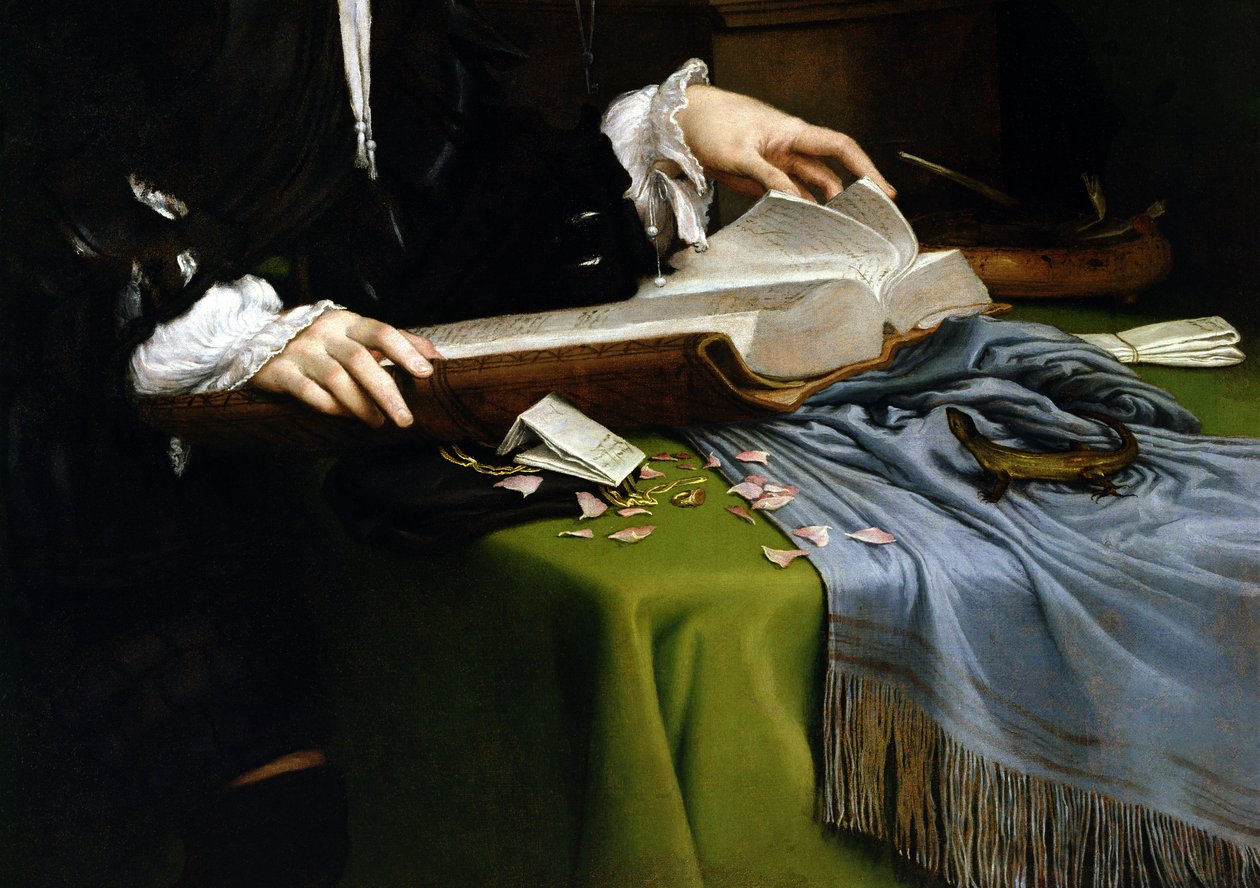 Porträtt av en gentleman i hans studie, 1528-30 (detalj) (efter restaurering) av Lorenzo Lotto