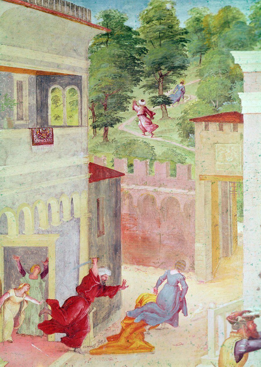Scener från St. Barbaras liv, detalj av St. Barbara som hotades av sin far, ca 1523-24 av Lorenzo Lotto