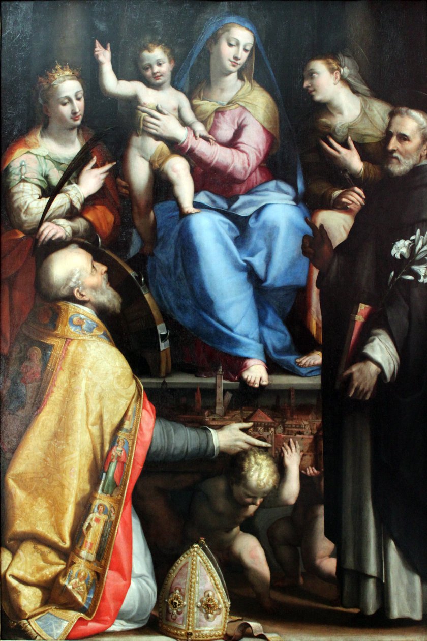 Maria tronade med välsignelsebarnet och de heliga Petronius, Katarina av Alexandria, Dominic och Apollonia av Lorenzo Sabbatini