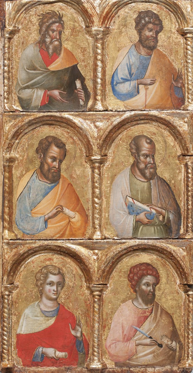 Detalj av Madonna och barn med änglar, korsfästelsen och tolv apostlar eller heliga, ca 1360 tempera på panel av Lorenzo Veneziano