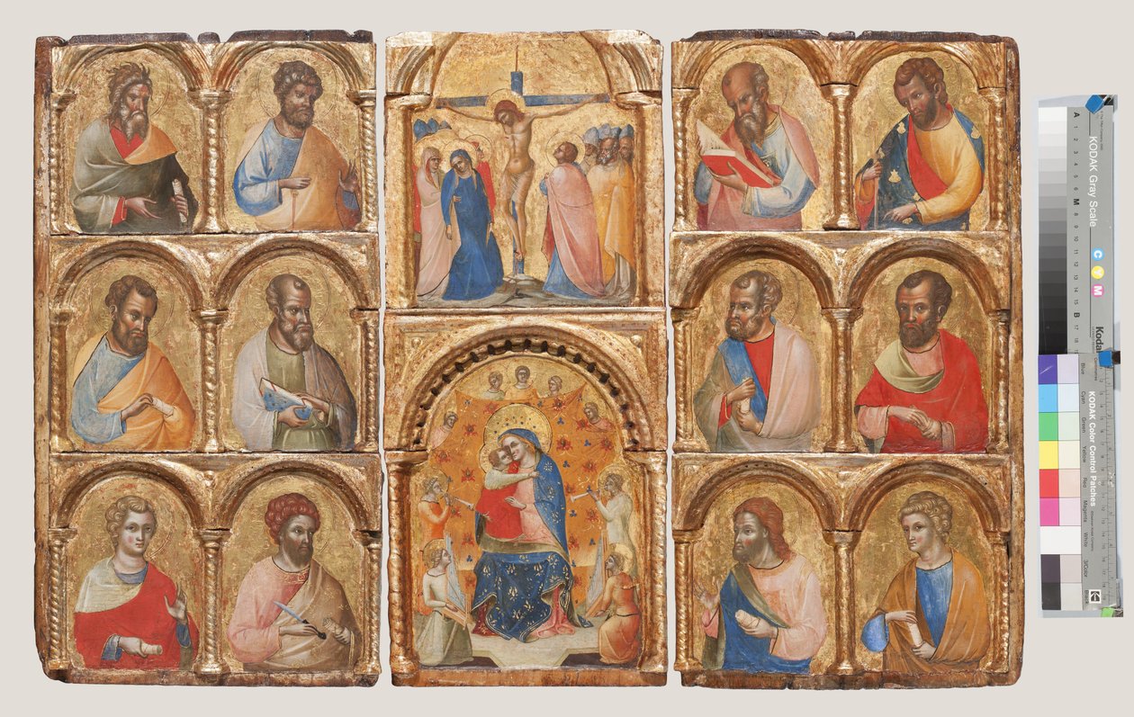 Madonna och barn med änglar, korsfästelsen och tolv apostlar eller heliga, c.1360 tempera på panel av Lorenzo Veneziano