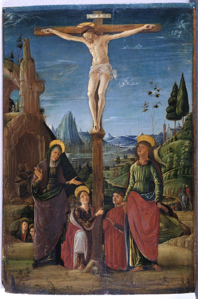 Korsfästelsen med Maria, Johannes, Maria Magdalena och en välgörare, ca 1480 (tempera på trä) av Lorenzo attr. to Costa
