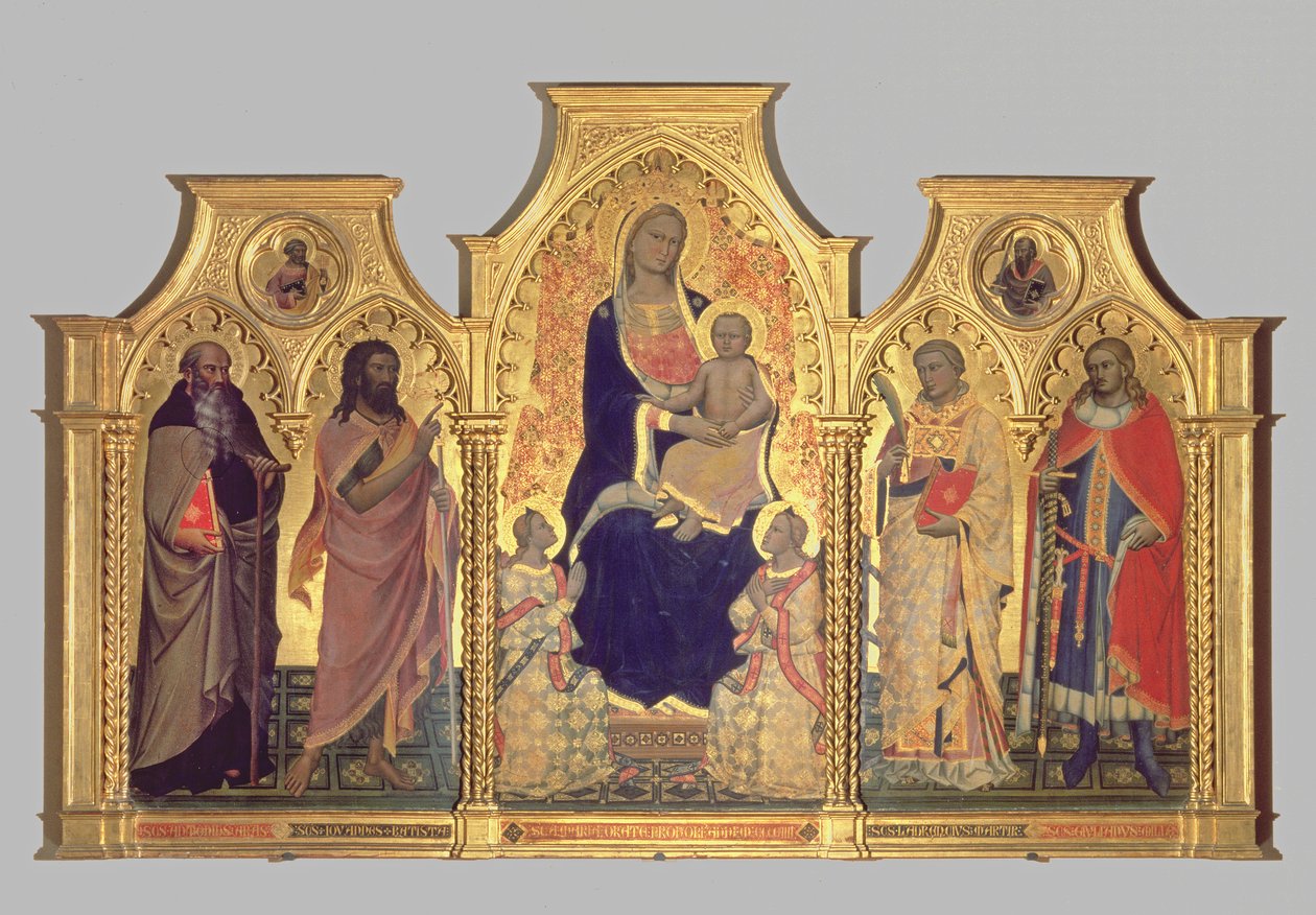 Madonna och barn med St. Anthony Abbot, St. John the Baptist, St. Lawrence och St. Julian, 1404 (tempera på panel) av Lorenzo di Niccolo Gerini