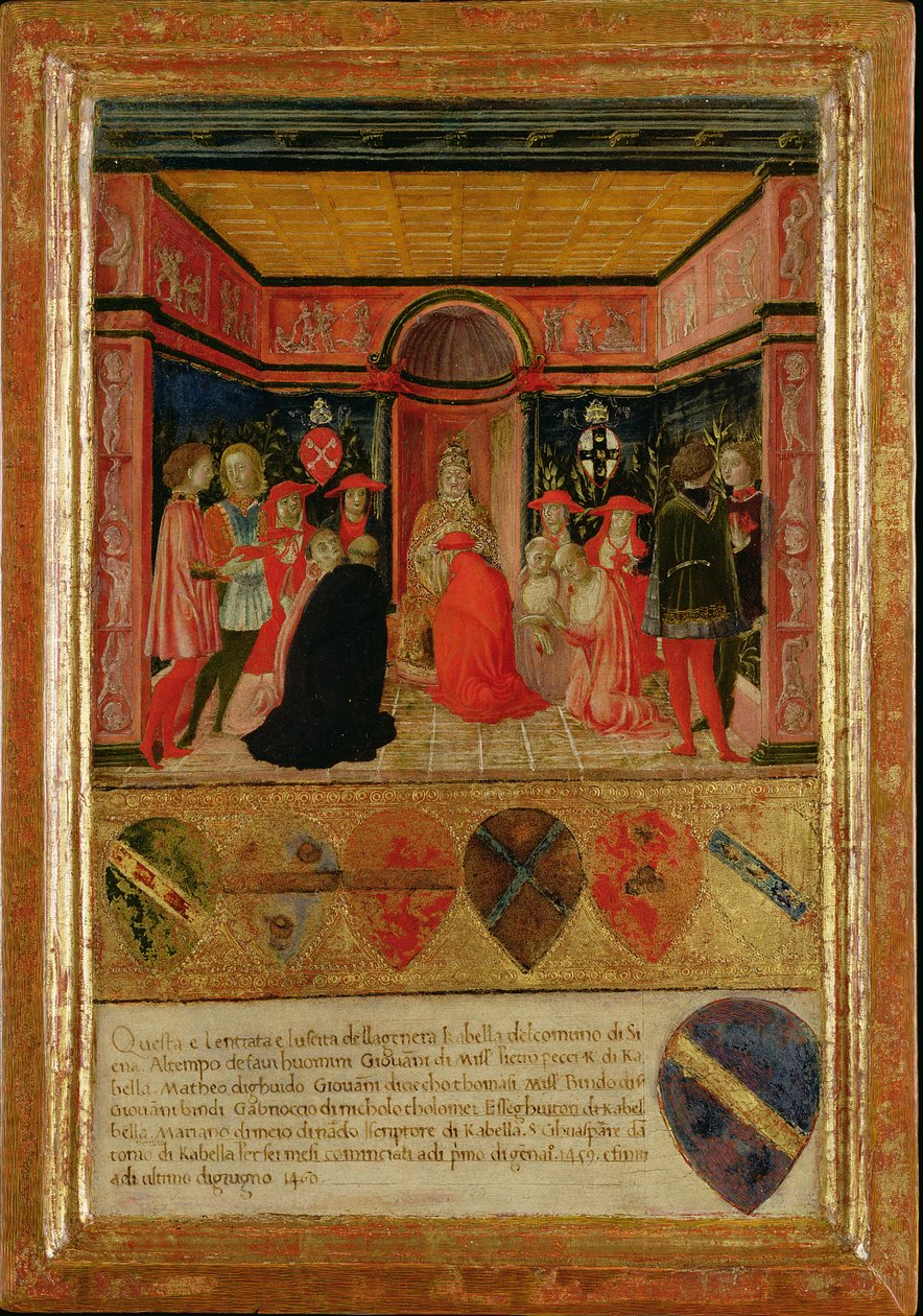 Påven Pius II (1405-1464) vigde kardinal Francesco Piccolomini Todeschi (1439-1503) 1460 av Lorenzo di Pietro Vecchietta