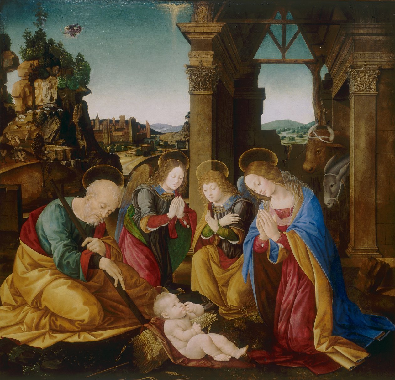 Tillbedjan av barnet av Lorenzo di school of Credi