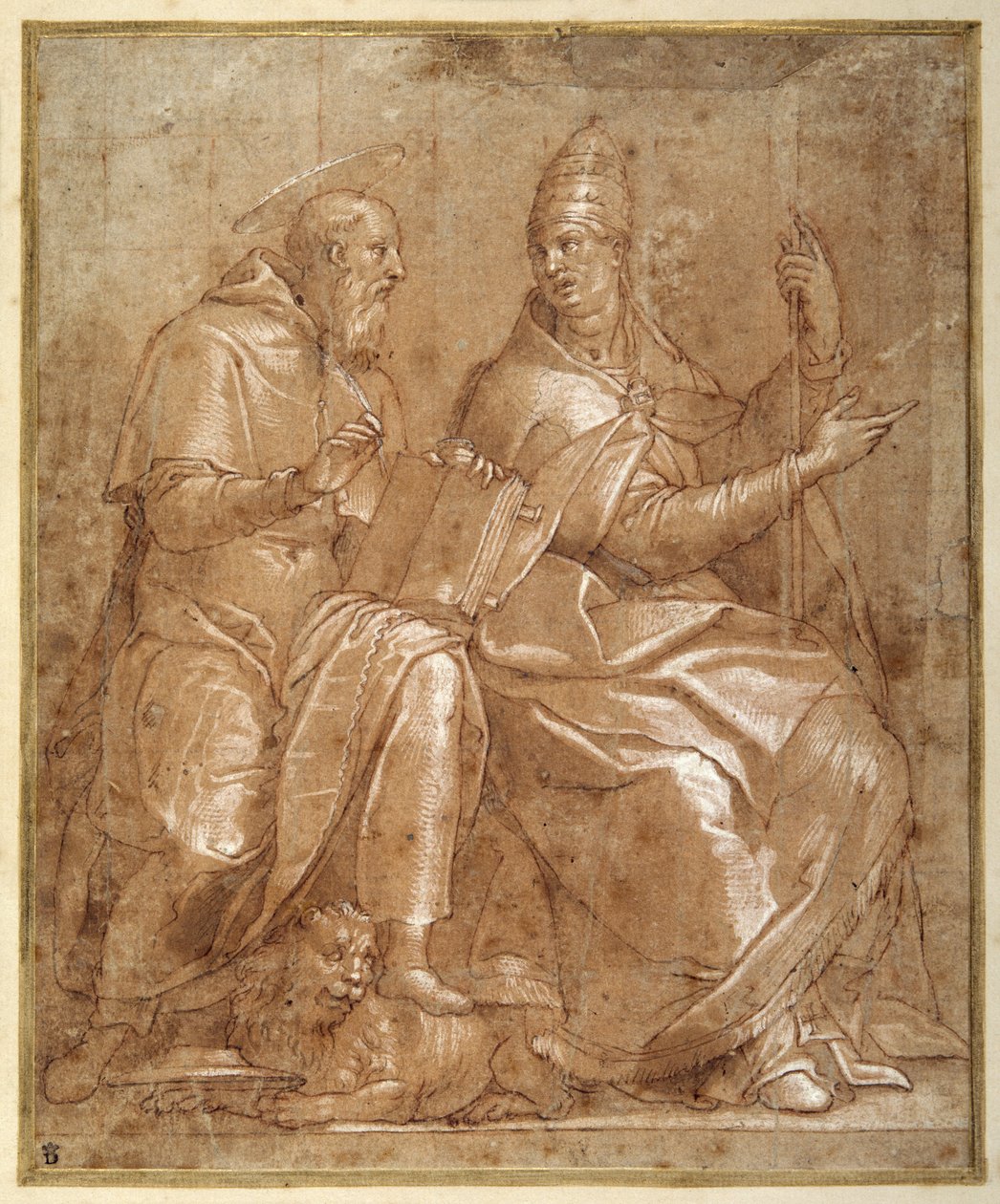S:t Hieronymus samtalar med St Gregorius den store (penna och brunt bläck med rödbrun tvätt och förhöjning) av Lorenzo (c.1530 76) Sabatini