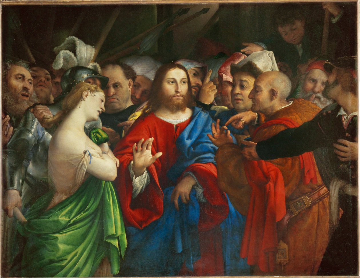 Le Christ et la femme adultere - Kristus och äktenskapsbryterskan ... av Lorenzo (workshop of) Lotto