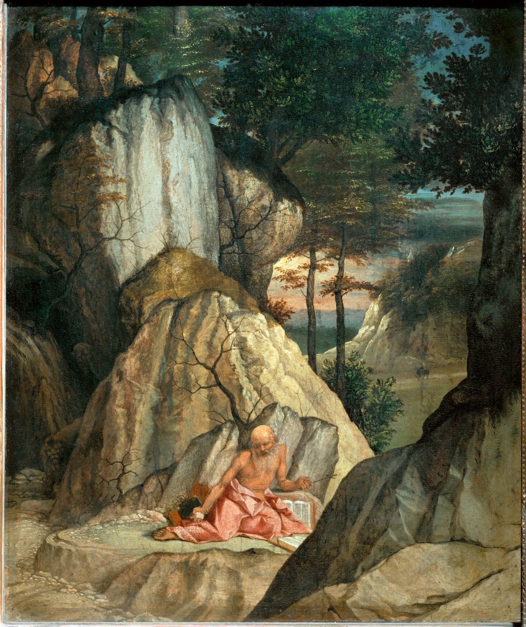 Saint Jerome meditant dans le desert - Sankt Hieronymus mediterar i öknen ... av Lorenzo (workshop of) Lotto