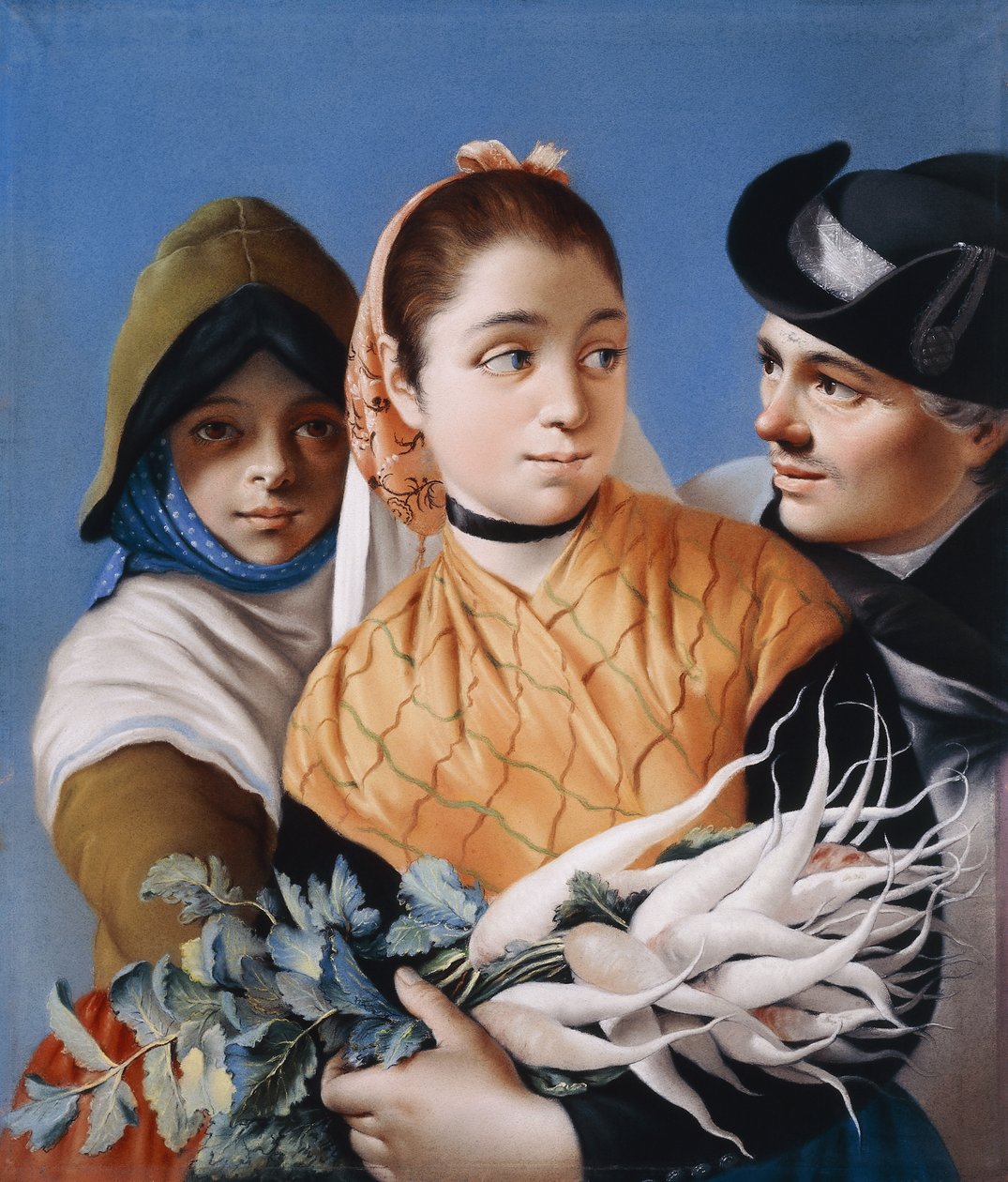 En flicka i en orange sjal som håller i rovor, en flicka i en grön huva och klänning och en gentleman i svart tricornhatt, av Lorenzo Baldissera Tiepolo