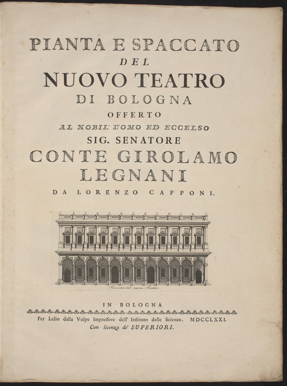 Plan och tvärsnitt av den nya teatern i Bologna av Lorenzo Capponi, after Antonio Galli Bibiena