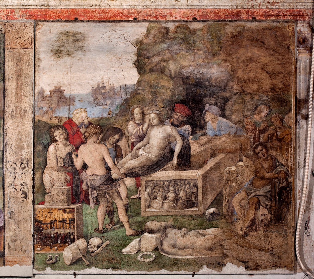 St. Ceciles liv: Begravning av St Valerianus och St Tiburtius (fresk av Lorenzo Costa