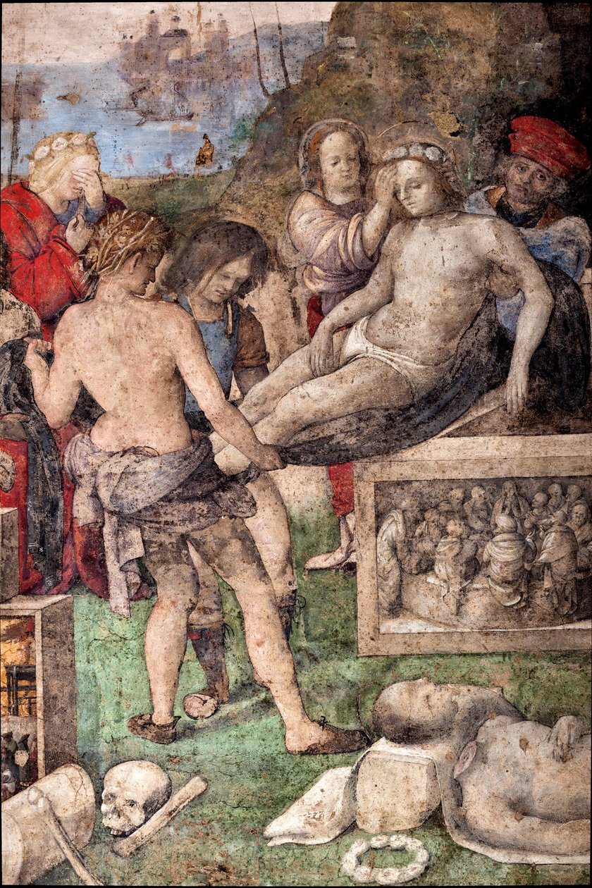 St. Ceciles liv: Begravning av St Valerianus och St Tiburtius, detalj (fresk av Lorenzo Costa