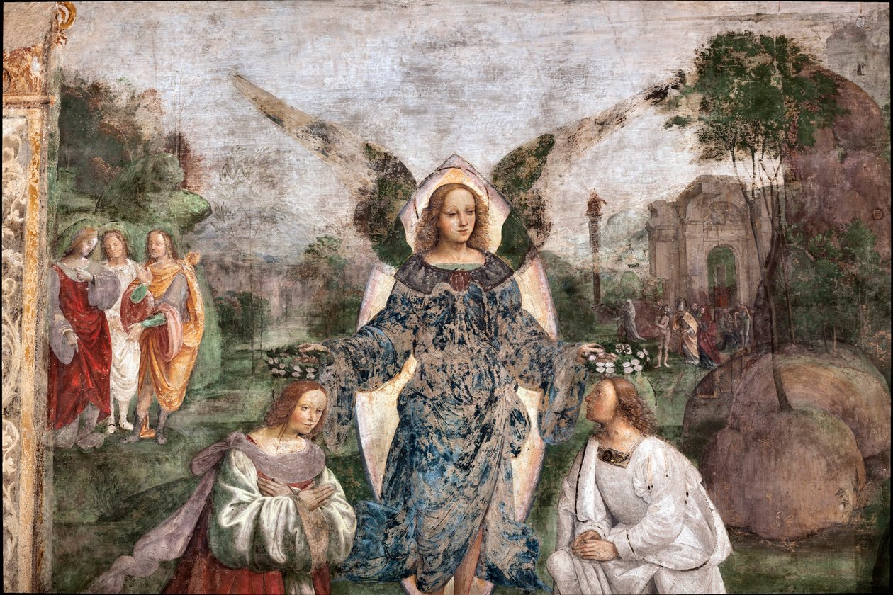 St. Ceciles liv: Valeriana och Cecilia krönta av en ängel, detalj (fresk av Lorenzo Costa