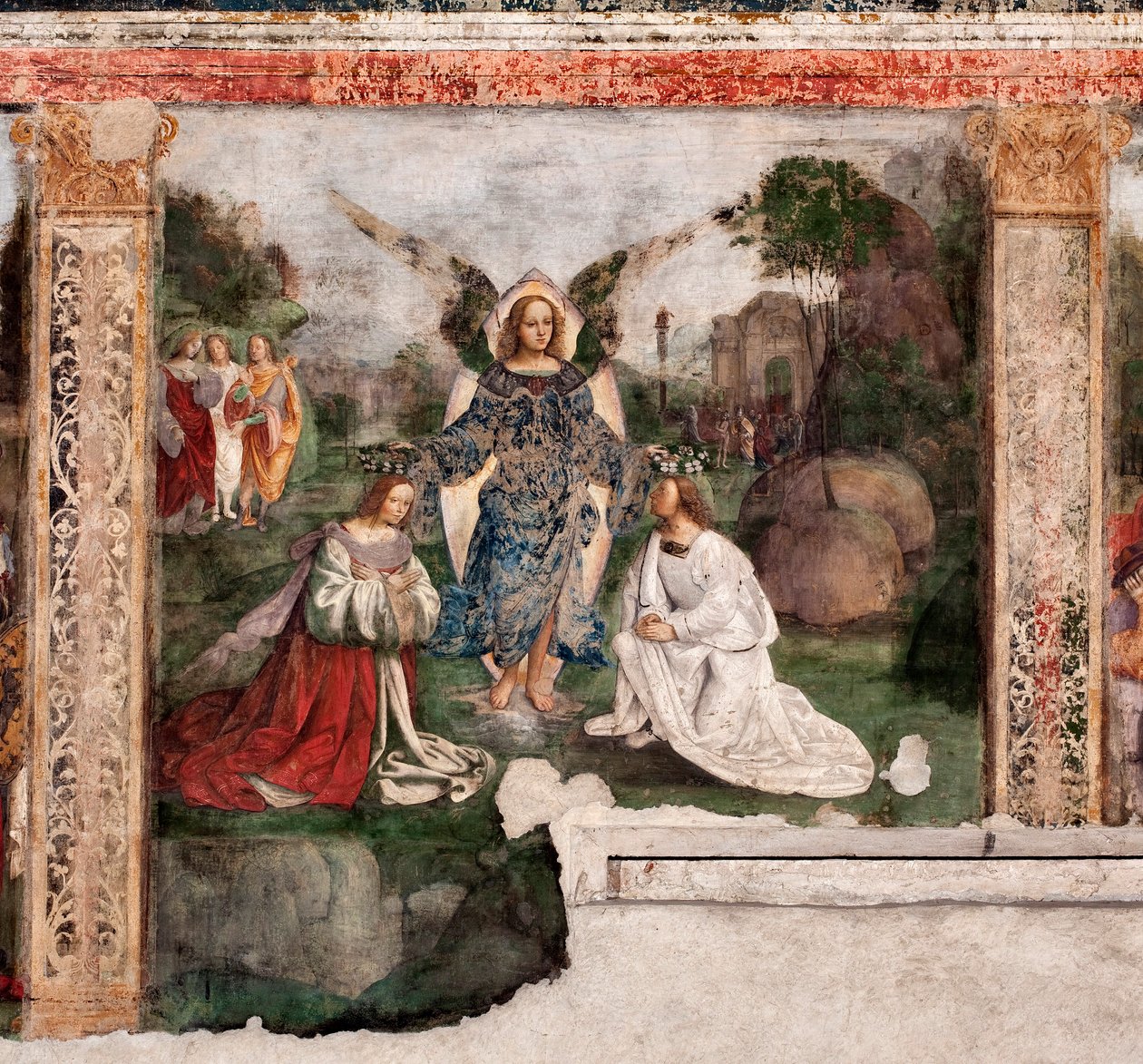 St. Cecilias liv: helgonet och St Valerianus krönt av en ängel (fresko av Lorenzo Costa