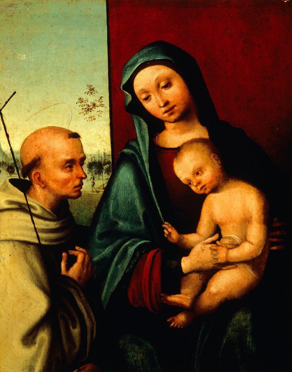 Madonna med barnet och den helige Franciskus av Lorenzo Costa (ca 1537-1583), detalj av Lorenzo Costa