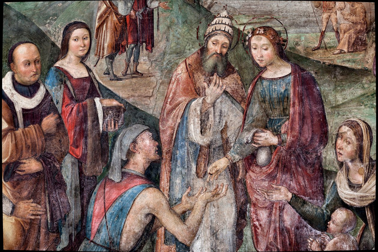 Saint Cecilia ger sina ägodelar till de fattiga, detalj (fresk av Lorenzo Costa
