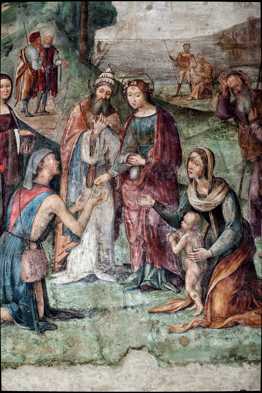 Saint Cecilia ger sina ägodelar till de fattiga, detalj (fresk av Lorenzo Costa