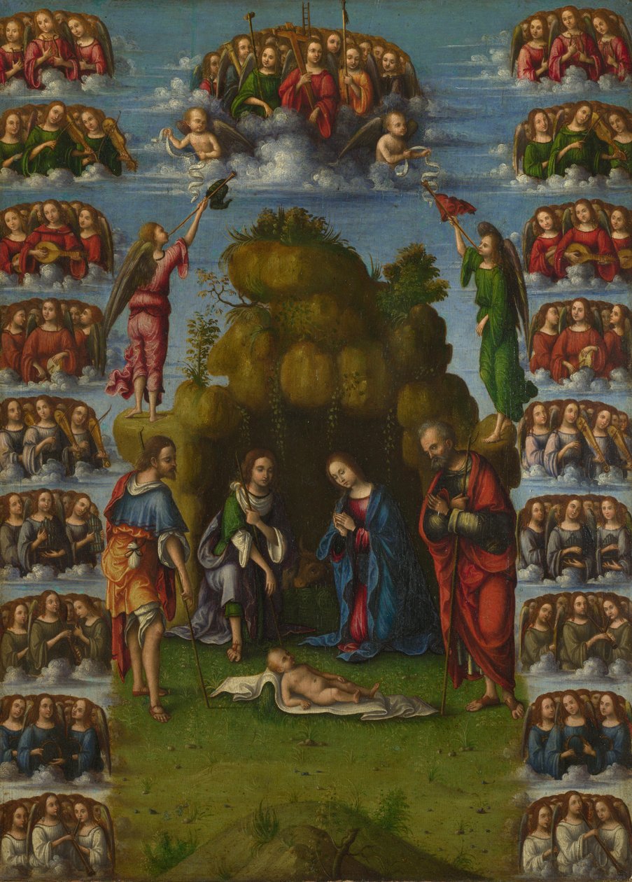 Herdarnas tillbedjan med änglar, 1499 av Lorenzo Costa