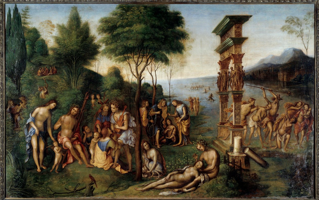 Regnen av Comus Comus, guden för glada högtider, hämtar från Philostrates "Imagines". Till vänster var de tillåtna nöjena åtskilda från de förbjudna nöjena. I förgrunden berättelsen om kärleken till Dionysos och den frygiska najaden Nikaia. Målning av L av Lorenzo Costa