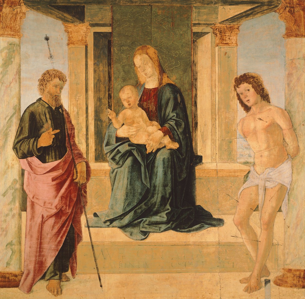 Virgin and Child Enthroned, med St James och St Sebastian (målning) av Lorenzo Costa