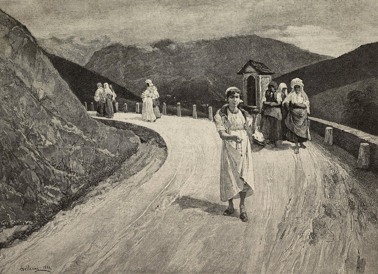 På helig väg, kvinnlig pilgrim som går längs en stig, Brera, United Expositions, Milano, Italien, gravyr av F Cantagalli efter målning av Lorenzo Delleani (1840-1908) från L