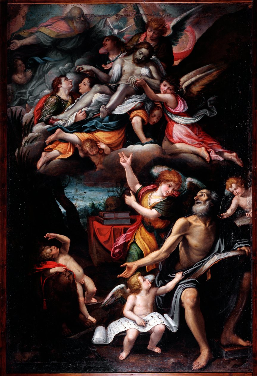 St Hieronymus tittar på den heliga treenigheten (olja på duk av Lorenzo Franchi