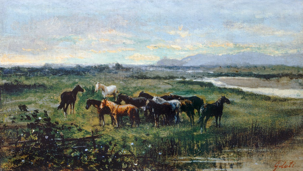 Vilda hästar, ca 1870, av Lorenzo Gelati (1824-1893), olja på duk överförd på panel, 21x37 cm av Lorenzo Gelati