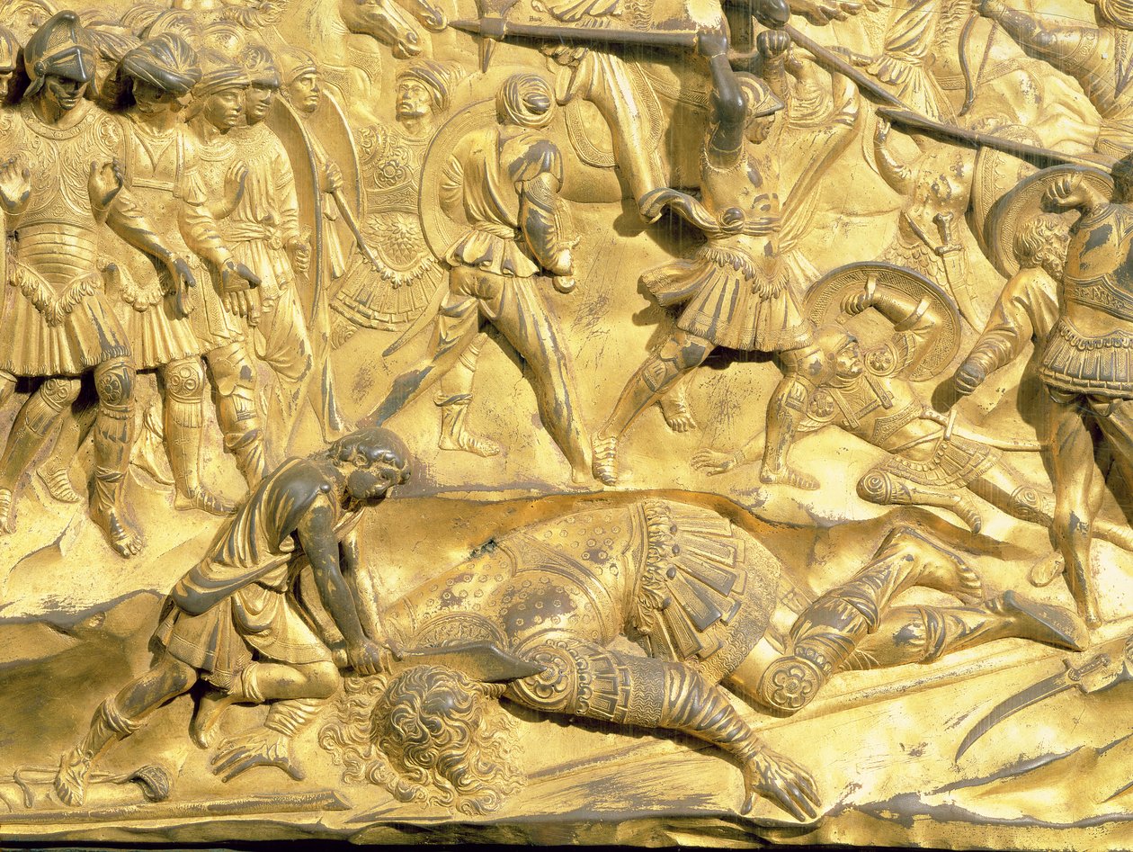 David och Goliat, detalj från originalpanelen från Baptisteriets östra dörrar, 1425-52 (förgylld brons) (efter restaurering) av Lorenzo Ghiberti