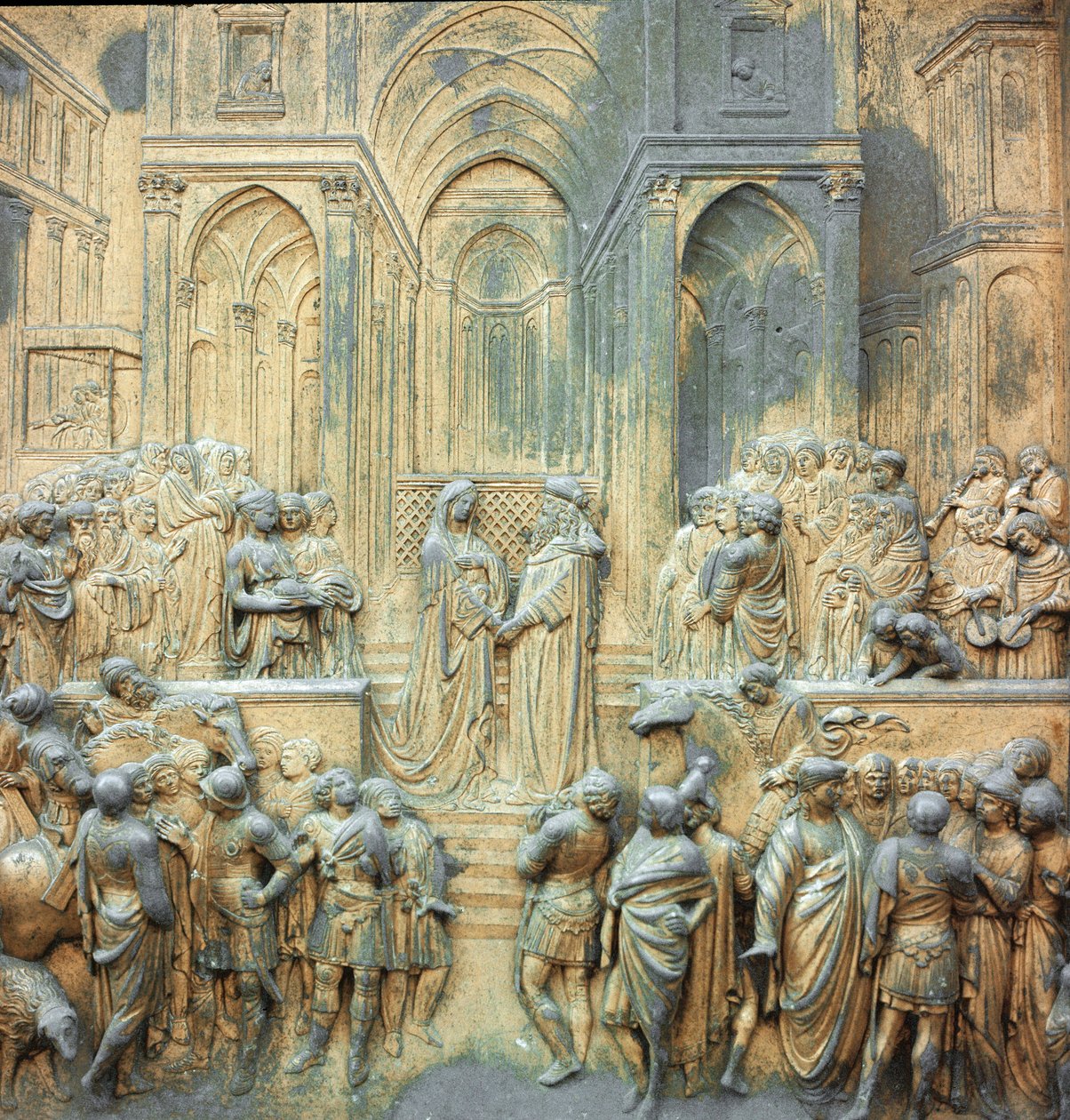 Kung Salomo tar emot drottningen av Saba vid Lorenzo Ghibertis lågrelieftemplet (1378-1455) 1424-1452 Florens, Baptisteriets paradisport av Lorenzo Ghiberti