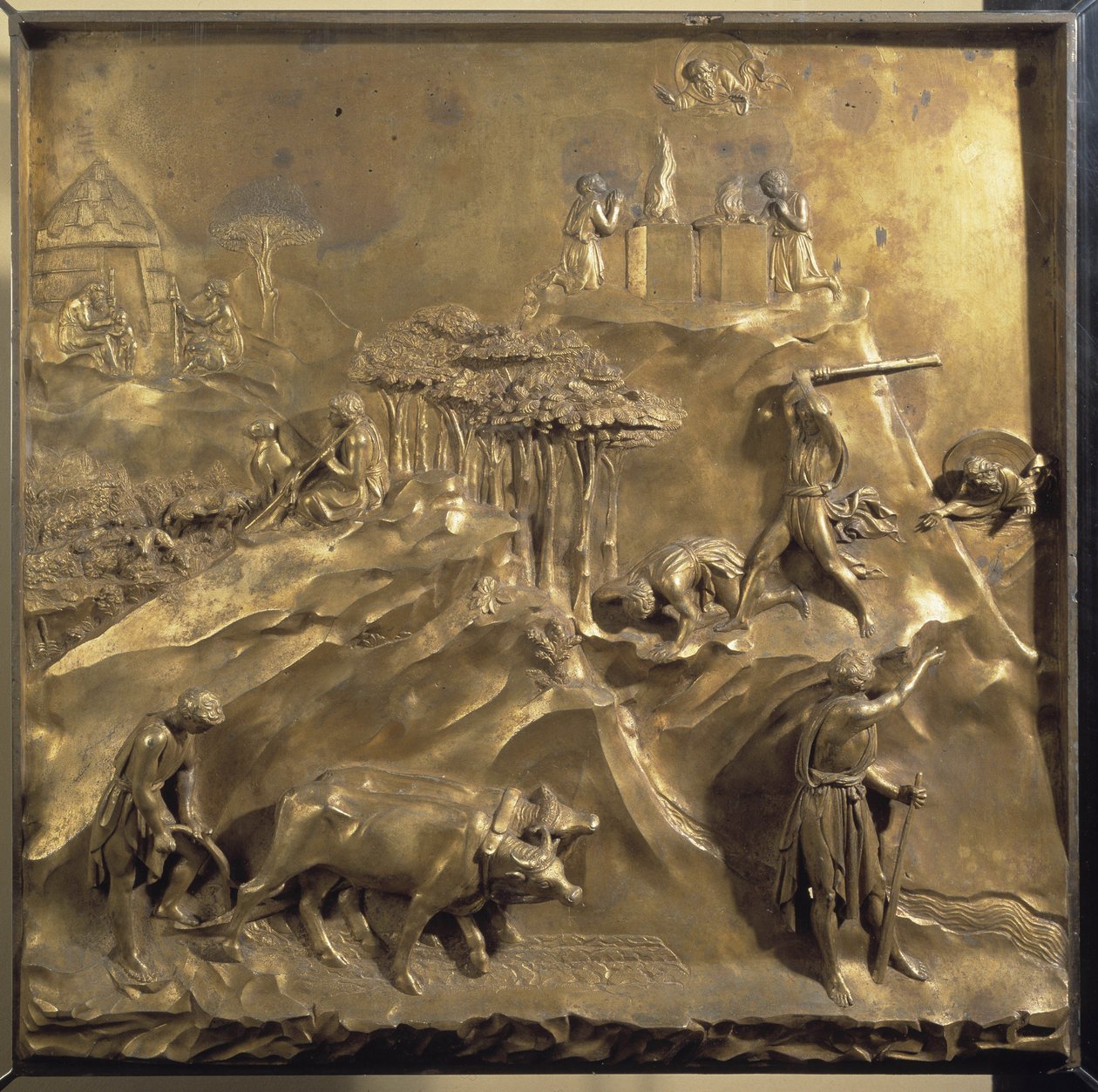 Kains och Abels liv: offret, mordet på Abel och Gud som förvisar Kain. Original panel av Paradisets dörr av Lorenzo Ghiberti