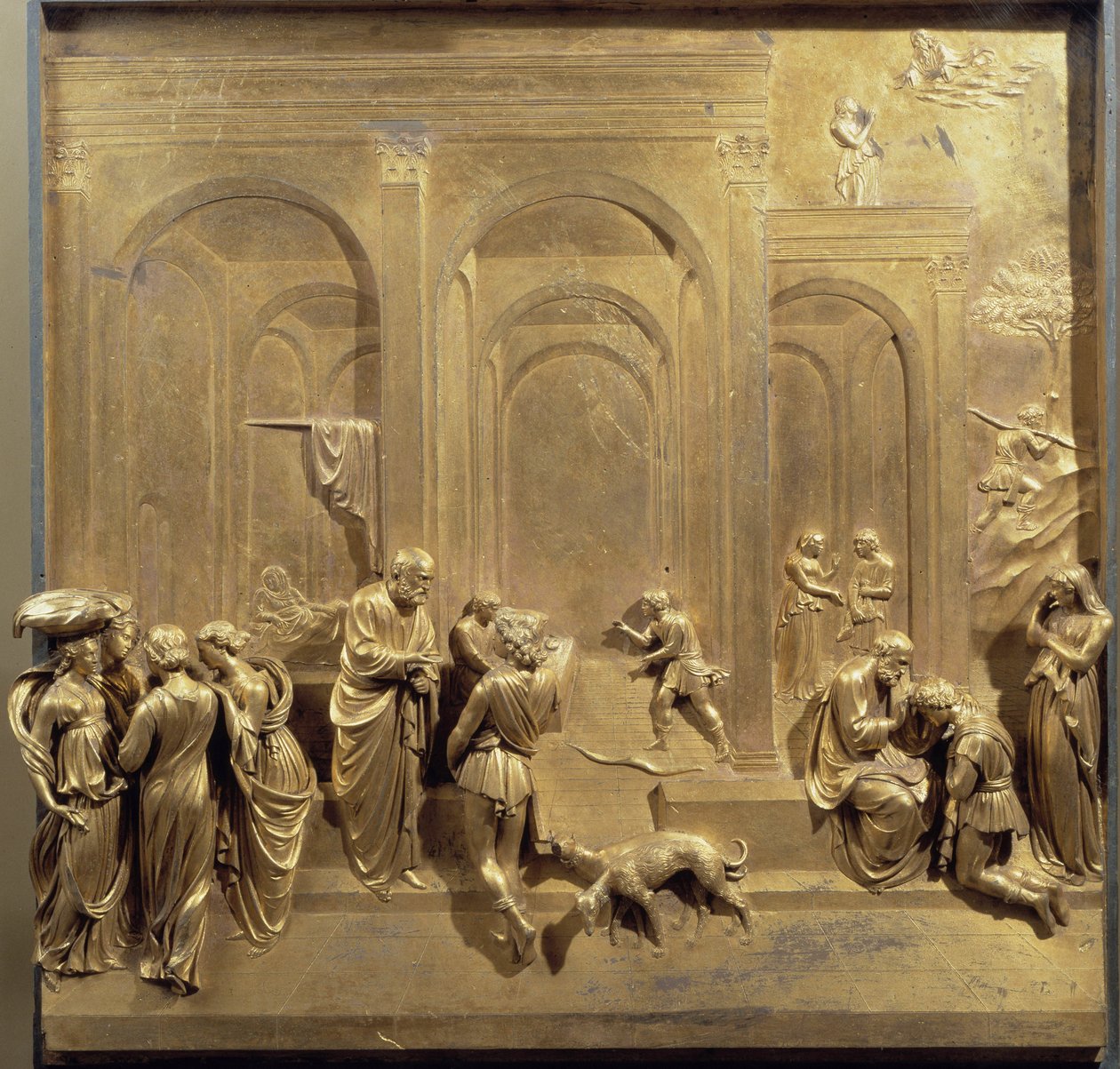 Jakobs och Esaus liv: Esau säljer sin förstfödslorätt och Isak välsignar Jakob. Original panel av Paradisets dörr av Lorenzo Ghiberti