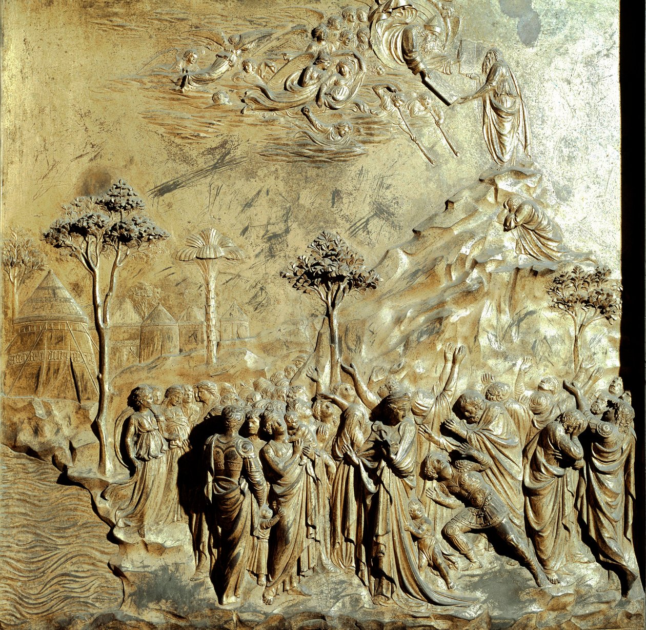 Moses tar emot lagens tabeller Originalpanel av Paradisets port (Östra porten till Baptisteren), efter restaurering. Guldbrons av Lorenzo Ghiberti (1378-1455) av Lorenzo Ghiberti