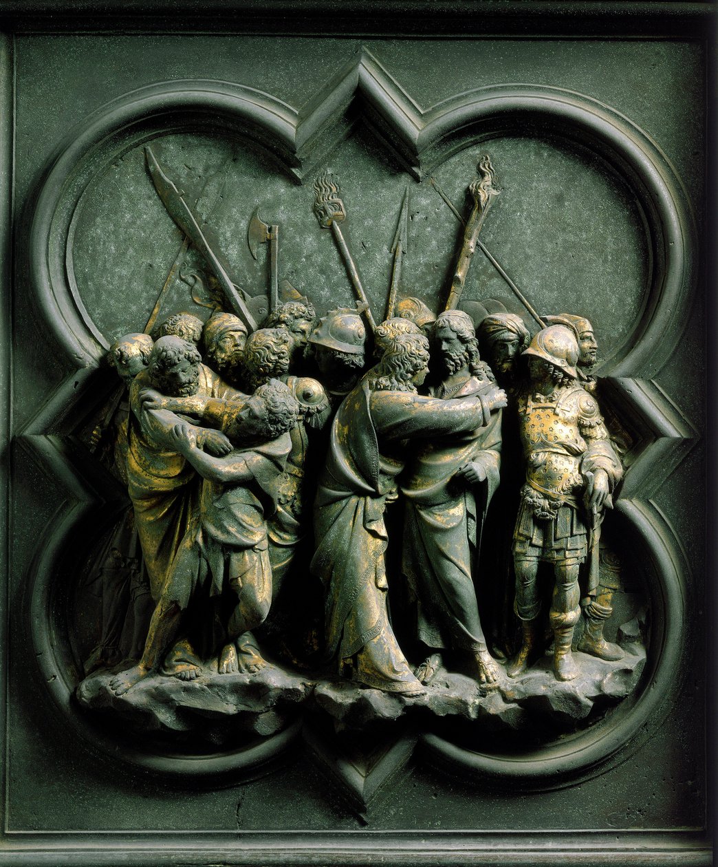 Norra porten (kallad Korsets port, i norr), exteriördetalj: "" Judas kyss "" Bronsskulptur gjord av Lorenzo Ghiberti (1378-1455) av Lorenzo Ghiberti