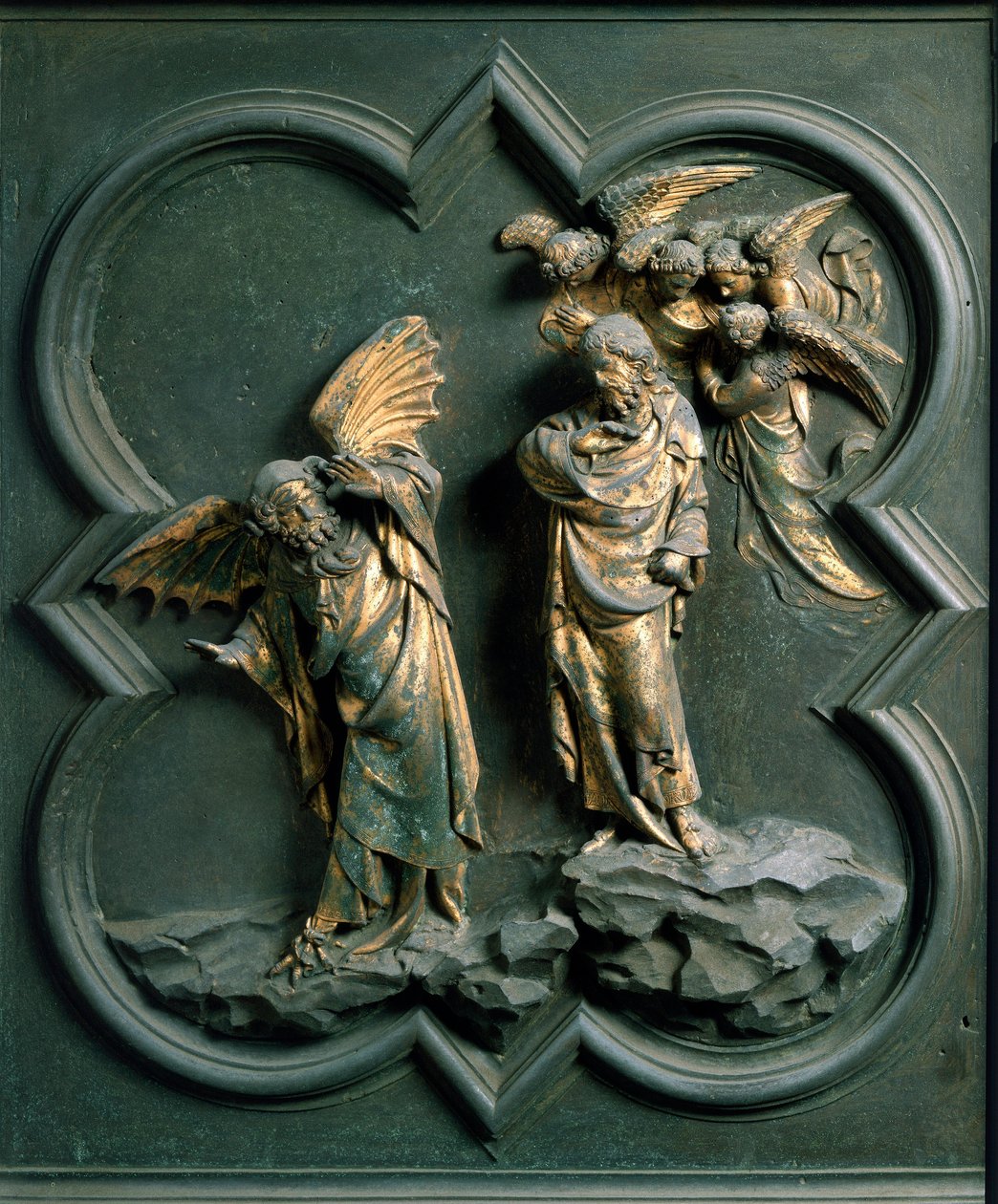 North Gate (kallad Gate of the Cross, i norr), yttre detalj: "" Kristi frestelse"" Bronsskulptur gjord av Lorenzo Ghiberti (1378-1455) av Lorenzo Ghiberti