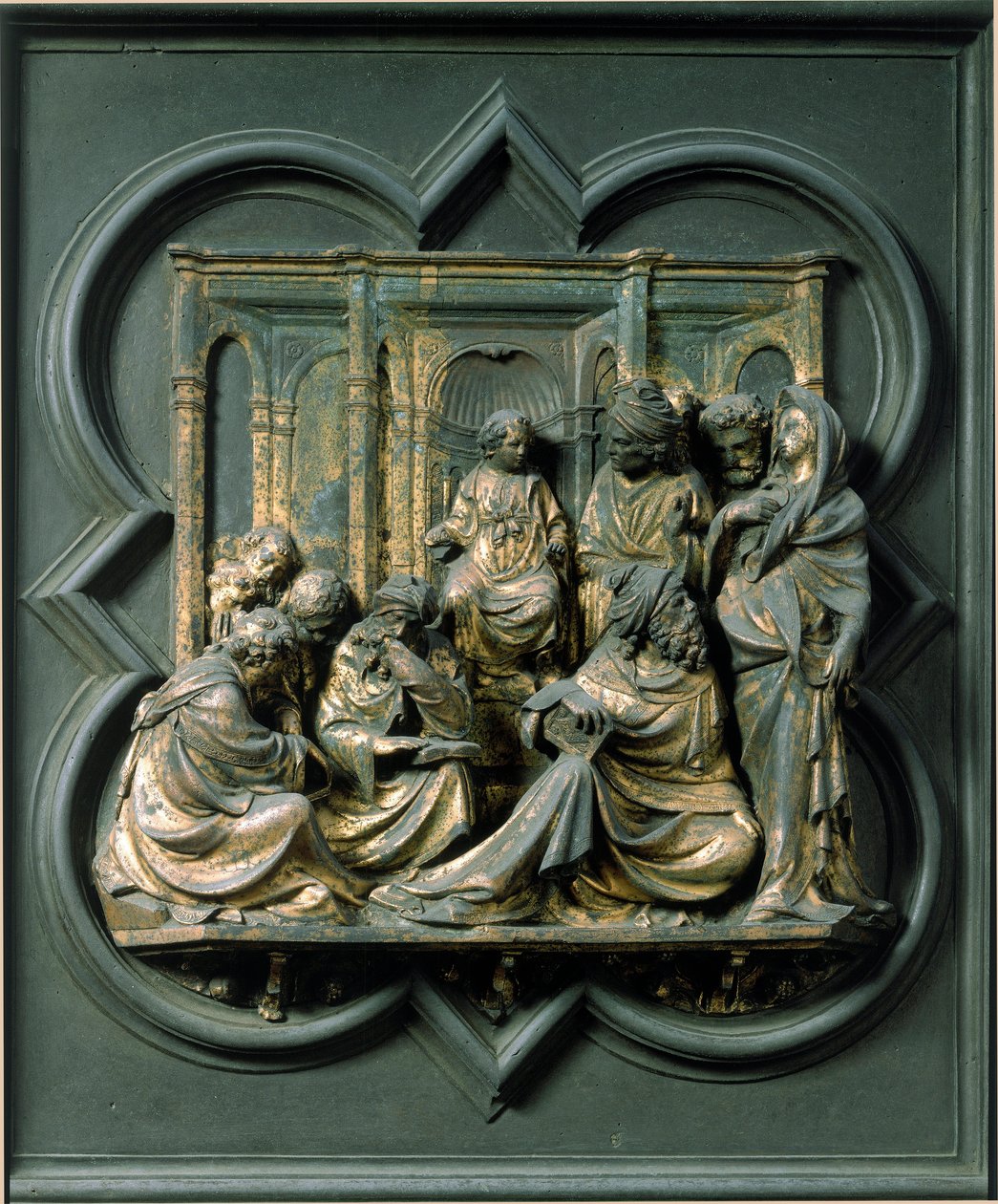 Norra porten (kallad korsporten, mot norr), yttre detalj: Jesus bland läkarna. Bronsskulptur gjord av Lorenzo Ghiberti (1378-1455) av Lorenzo Ghiberti
