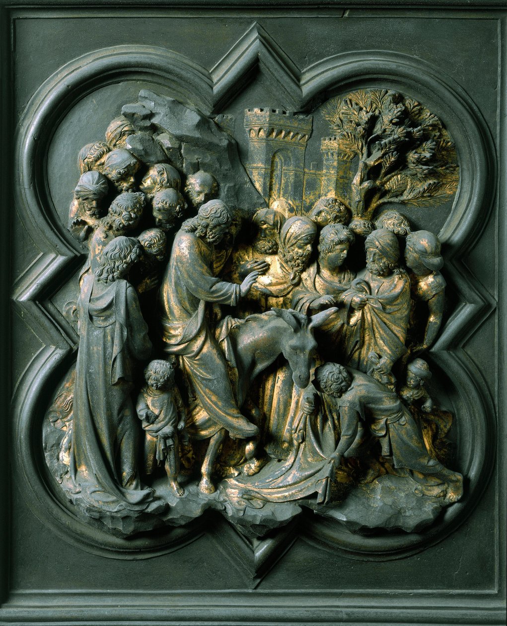 Norra porten (kallad korsporten, i norr), exteriör detalj: "" ingången till Jerusalem"" Bronsskulptur gjord av Lorenzo Ghiberti (1378-1455) av Lorenzo Ghiberti